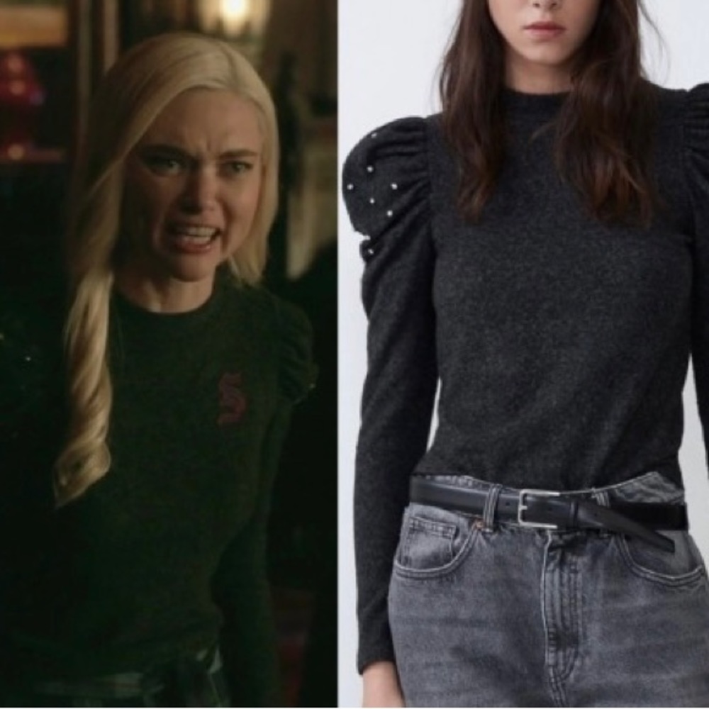 Zara soft touch puff sleeve sweater, fitted, dark heather gray